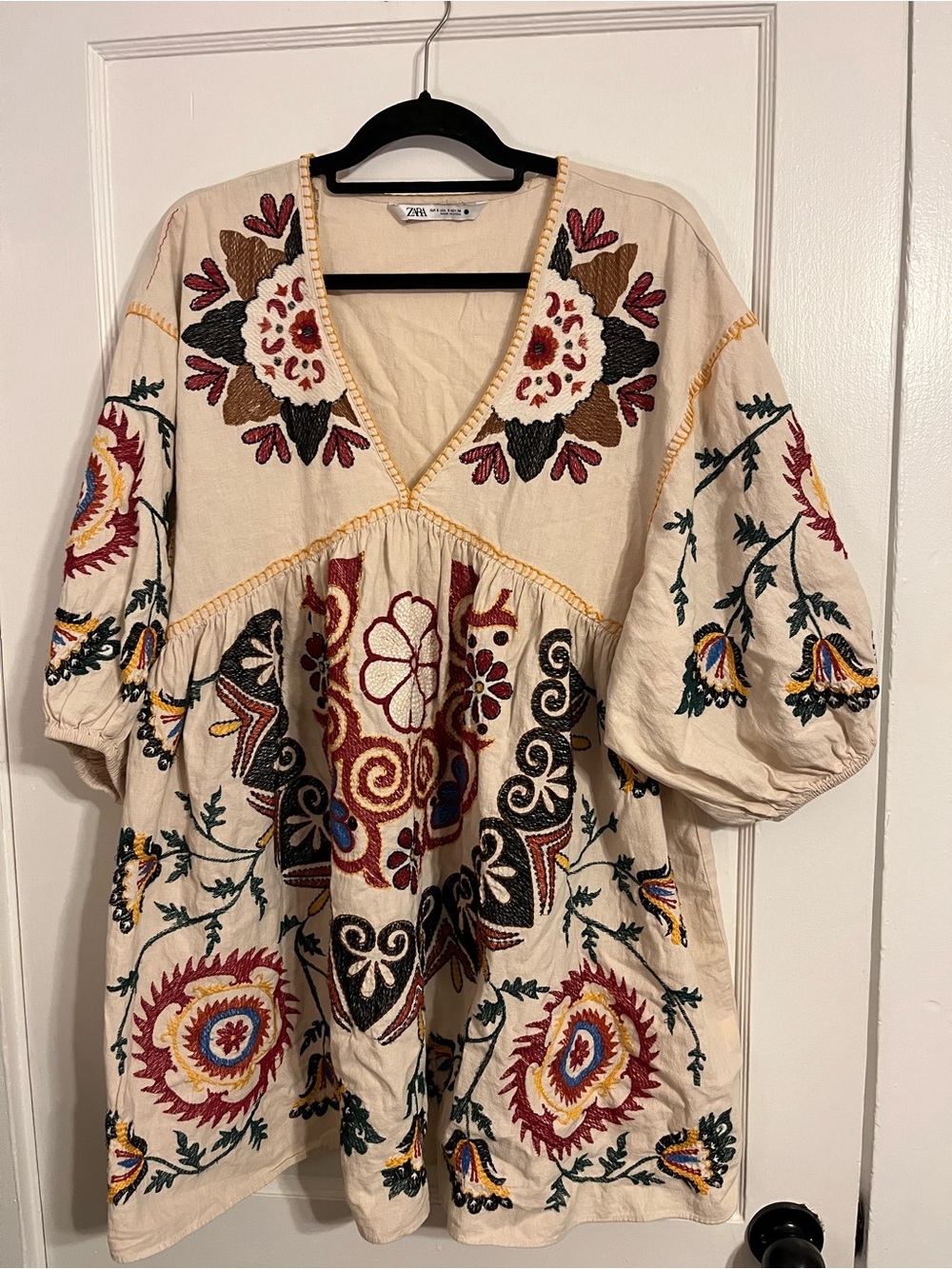 Zara Cream Embroidered Boho Tunic with Multicolor Floral Embroidery